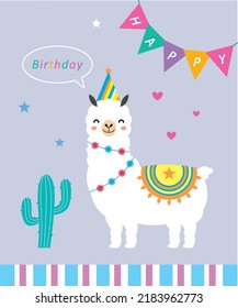 cute llama alpaca happy birthday greeting card vector
