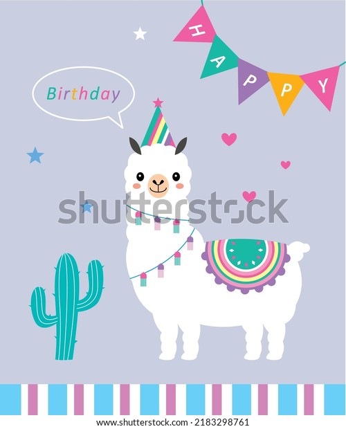 cute\
llama alpaca happy birthday greeting card\
vector