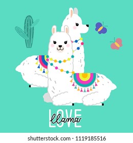 Cute llama and alpaca illustration for nursery design, poster, greeting, birthday card, baby shower design and party decor