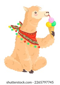 Cute Lama Alpaca lecken Eis flach Vektorsymbol. Funny cartoong tierischen Charakter essen süßen kühlen Nachtisch einzeln auf weißem Hintergrund