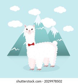Cute llama or alpaca with a man's bow tie on a background of mountains and clouds. Vector illustration for greeting card, poster, texture, textile, decor. Cartoon character.