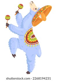 Cute llama alpaca maracas isolated vector illustration. Happy cartoon animal character playing folk Mexican musician instrument isolated on white background