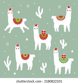 cute llama alpaca merry christmas greeting card vector illustration