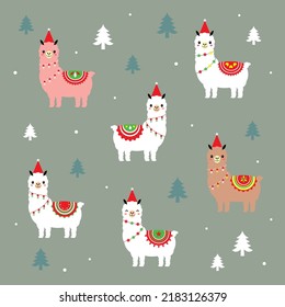 Cute Llama Alpaca Merry Christmas Wallpaper Vector