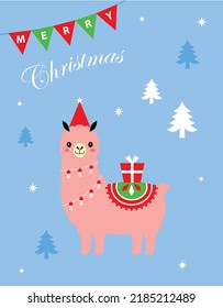 Cute Llama Alpaca Merry Christmas Wallpaper Vector