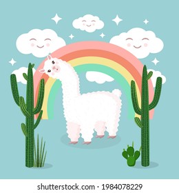 Cute llama or alpaca on the background of a rainbow, cheerful clouds and cacti. Vector illustration for greeting card, poster, texture, textile, decor. Cartoon character.