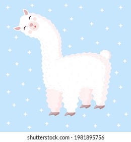 Cute llama or alpaca on a blue background with stars. Vector illustration for baby texture, textile, fabric, poster, greeting card, decor.