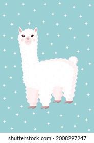 Cute llama or alpaca on a blue background with stars. Vector illustration for baby texture, textile, fabric, poster, greeting card, decor.
