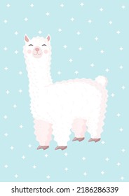 Cute llama or alpaca on a blue background with stars. Vector illustration for baby texture, textile, fabric, poster, greeting card, decor.