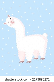 Cute llama or alpaca on a blue background with stars. Vector illustration for baby texture, textile, fabric, poster, greeting card, decor.