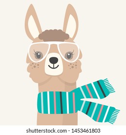 Cute llama and alpaca  on brown tone, hand drawn illustrations