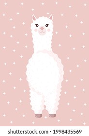 Cute llama or alpaca on a pink background with stars. Vector illustration for baby texture, textile, fabric, poster, greeting card, decor.