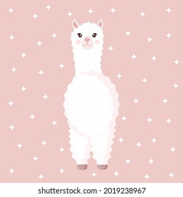 Cute llama or alpaca on a pink background with stars. Vector illustration for baby texture, textile, fabric, poster, greeting card, decor.