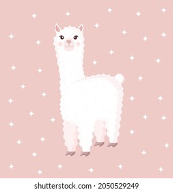 Cute llama or alpaca on a pink background with stars. Vector illustration for baby texture, textile, fabric, poster, greeting card, decor.