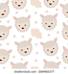 Cute llama or alpaca on a white background with stars and clouds. Seamless pattern. Can be used for wallpaper, fill web page background, surface textures
