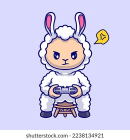 Cute Llama Alpaca Playing Game With Controller Cartoon Vector Icon Illustration. Animal Technology Icon Concept Isolated Premium Vector. Flat Cartoon Style