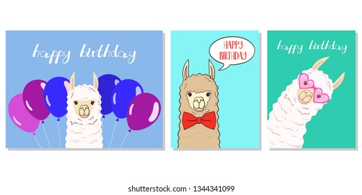 Cute llama, alpaca for poster, greeting, birthday card and party decor collection. Vector illustration
