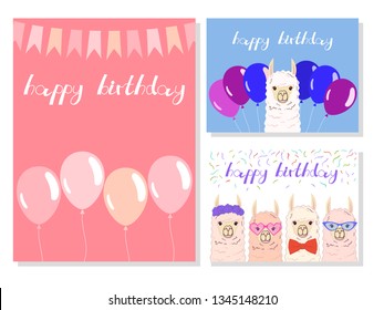 Cute llama, alpaca for poster, greeting, birthday card and party decor collection. Vector illustration
