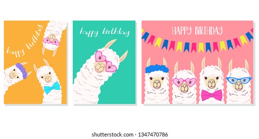 Cute llama, alpaca for poster, greeting, birthday card and party decor collection. Vector illustration
