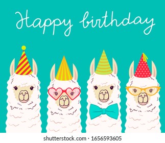 Cute llama, alpaca for poster, greeting, birthday card and party decor collection. Vector illustration