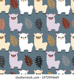 cute llama and alpaca
 seamless pattern. Suitable for textiles, packaging, wallpaper, etc. Objects isolated on background. Vector illustration.
