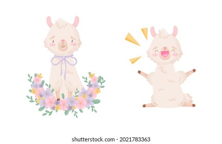 Cute Llama or Alpaca Sitting in Flowers and Cheering Vector Set