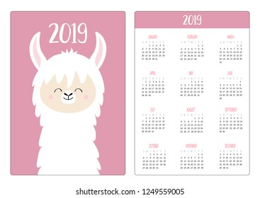Cute llama alpaca smiling face head. Simple pocket calendar layout 2019 new year. Vertical orientation. Week starts Sunday. Cartoon kawaii funny baby character. Flat design. Pink background. Vector