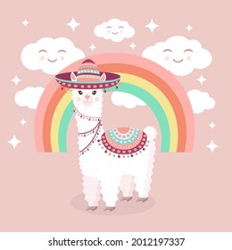 Cute llama or alpaca in a sombrero against a background of rainbow and cheerful clouds. Vector illustration for greeting card, poster, texture, textile, decor. Cartoon character.