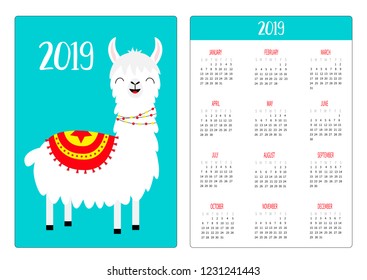 Cute llama alpaca standing smiling. Simple pocket calendar layout 2019 new year. Week starts Sunday. Vertical orientation. Cartoon kawaii funny baby character. Flat design. Blue background. Vector