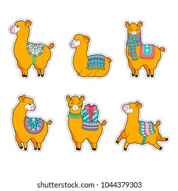 Cute llama and alpaca sticker. Funny lama patches. Cartoon lama character summer vector illustration. 