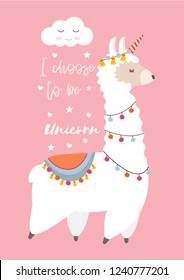 Cute Llama Alpaca with unicorn horn, Llamacorn. Vector illustration