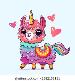 Cute llama alpaca unicorn with smile in cartoon style for children's print. vector illustration on white background