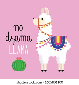 Cute llama alpaca vector graphic design with an inspirational quote no drama llama. Llama character illustration for nursery design, poster, greeting, birthday card, baby shower design and party decor