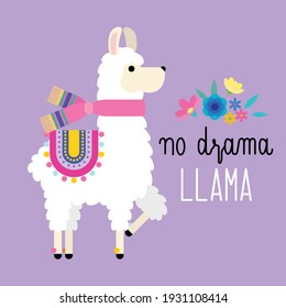 Cute llama alpaca vector graphic design with an inspirational quote no drama llama. Llama character illustration for nursery design, poster, greeting, birthday card, baby shower design and party decor