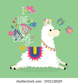 Cute llama alpaca vector graphic design. Llama character illustration for nursery design, poster, greeting, birthday card, baby shower design and party decor
