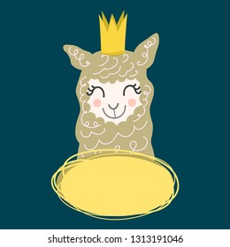 Cute llama alpaca vector illustration. Little llama face design for nursery design, baby shower, greeting, birthday card. Alpaca with crown poster. Queen llama head banner. Cartoon alpaca - wektor