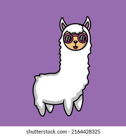 Cute Llama Alpaca Wearing Glasses Cartoon Vector Icon Illustration. Animal Icon Concept Isolated Premium Vector