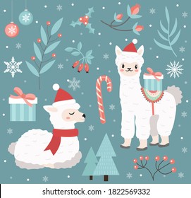 Cute llama alpaca in the winter forest set of objects. Collection of design elements with a little deer in a hat of Santa Claus, snowflakes and a Christmas tree. Merry christmas postcard. Vector illus