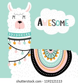 Cute llama with with awesome lettering and ethnic design elements vector illustration