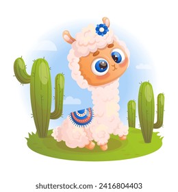 Cute Llama. Baby alpaca sitting animal with cactus. Vector illustration in cartoon style