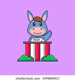 Cute llama is being a ticket keeper. Animal cartoon concept isolated. Can used for t-shirt, greeting card, invitation card or mascot.