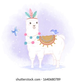 Cute Llama and birds hand drawn cartoon watercolor illustration