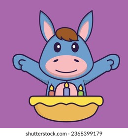 Cute llama with birthday cake. Animal cartoon concept isolated. Can used for t-shirt- greeting card- invitation card or mascot.