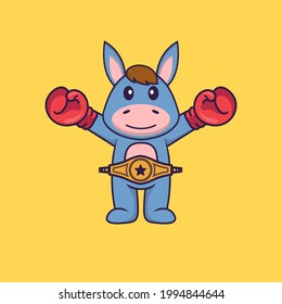 Cute llama in boxer costume with champion belt. Animal cartoon concept isolated. Can used for t-shirt, greeting card, invitation card or mascot.