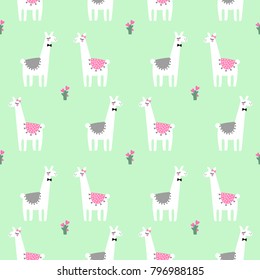 Cute llama with cacti seamless pattern on mint green background. Design for Valentines Day. Vector baby animal illustration for for fabric, wallpaper, textile and decor.