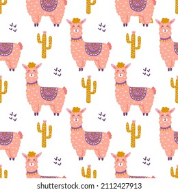 Cute llama with cacti, vector seamless pattern in flat hand drawn style