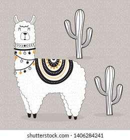 Cute llama with cactus and ethnic design elements vector illustration