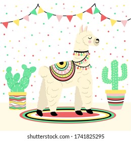 Cute llama with cactus and ethnic design elements vector illustration