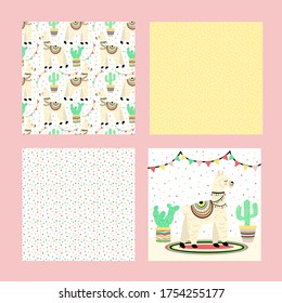 Cute llama with cactus and ethnic design elements and seamless patterns. vector illustration