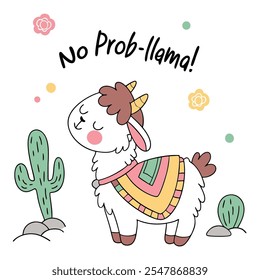 Cute Llama with Cactus and Flowers vector flat design